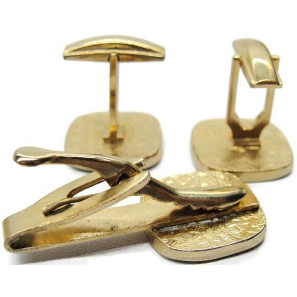 "N" Initial Cufflinks Set w Neck Tie Clip Pat No Black Gold Tone Tux Suit Vtg - Picture 6 of 7